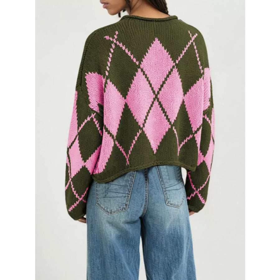 Argyle Pattern Knit Dropped Shoulder Sweater Apparel and Accessories