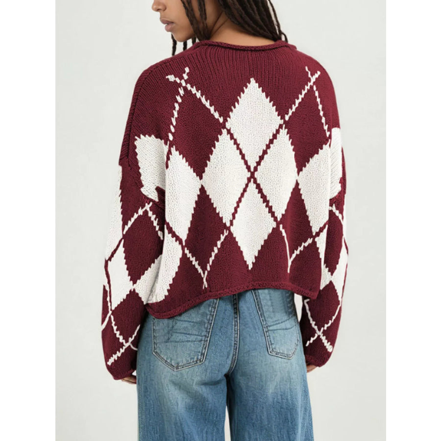 Argyle Pattern Knit Dropped Shoulder Sweater Apparel and Accessories