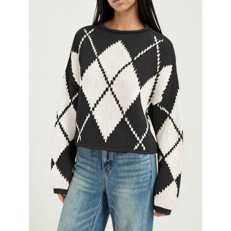 Argyle Pattern Knit Dropped Shoulder Sweater Apparel and Accessories