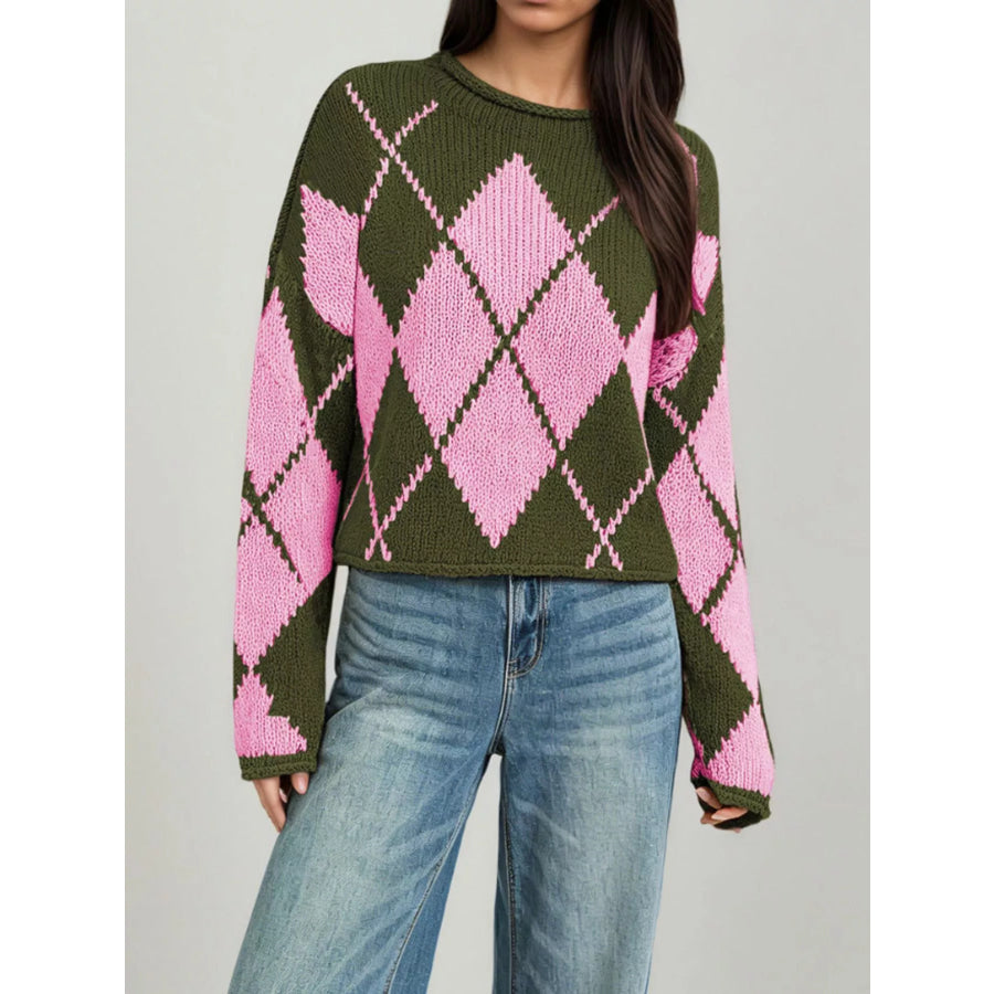 Argyle Pattern Knit Dropped Shoulder Sweater Apparel and Accessories