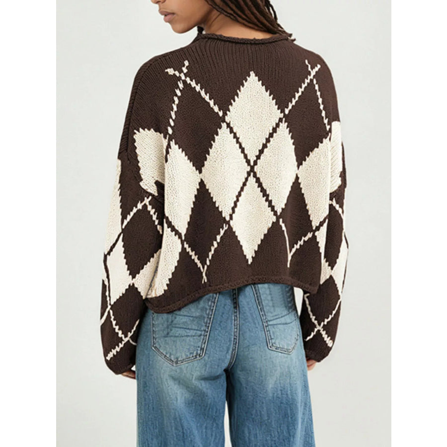 Argyle Pattern Knit Dropped Shoulder Sweater Apparel and Accessories
