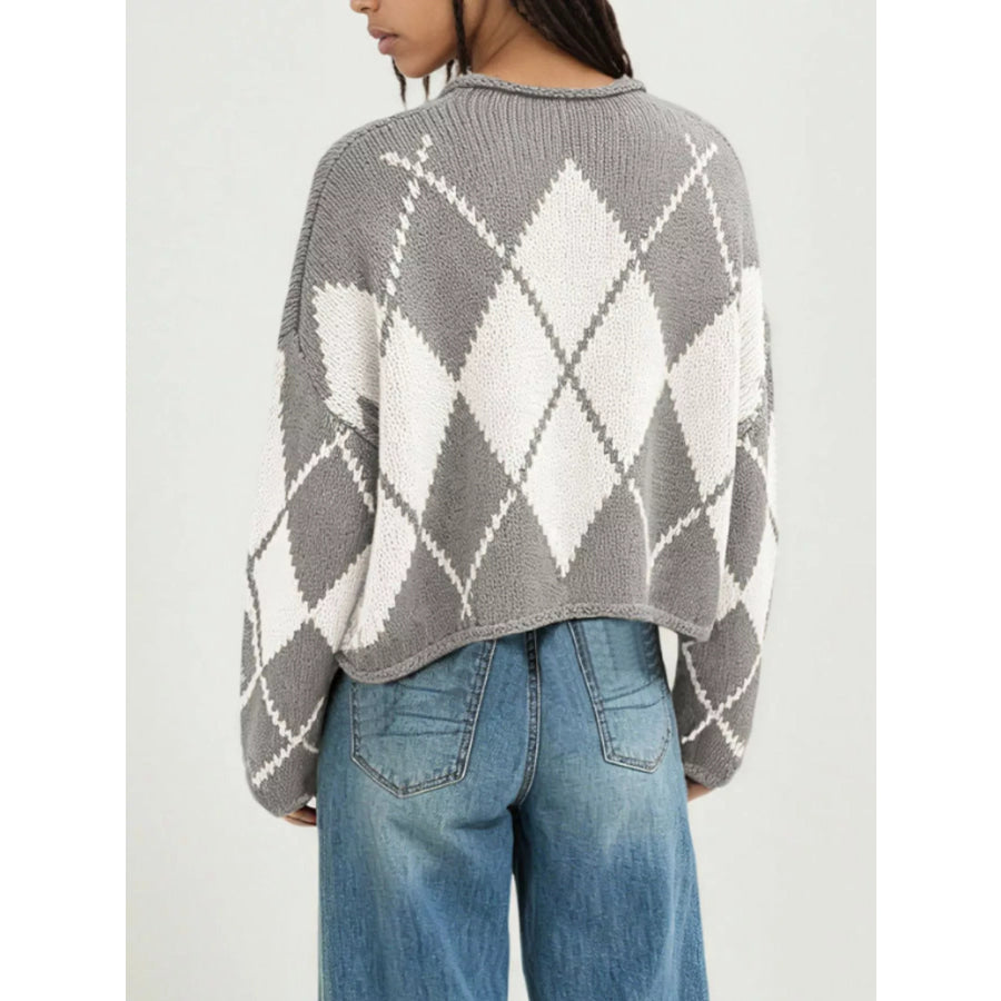 Argyle Pattern Knit Dropped Shoulder Sweater Apparel and Accessories