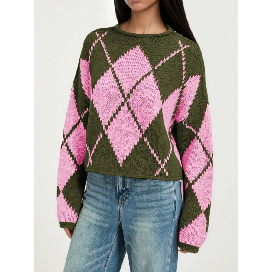 Argyle Pattern Knit Dropped Shoulder Sweater Apparel and Accessories