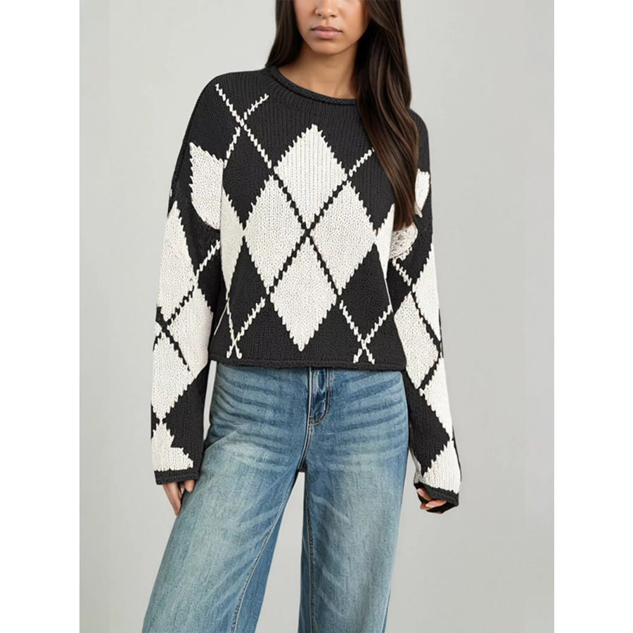 Argyle Pattern Knit Dropped Shoulder Sweater Black / S Apparel and Accessories
