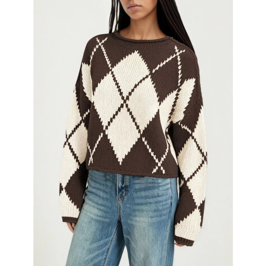 Argyle Pattern Knit Dropped Shoulder Sweater Brown / S Apparel and Accessories