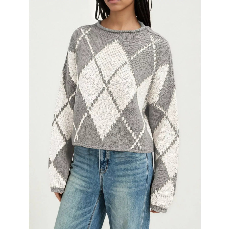 Argyle Pattern Knit Dropped Shoulder Sweater Gray / S Apparel and Accessories