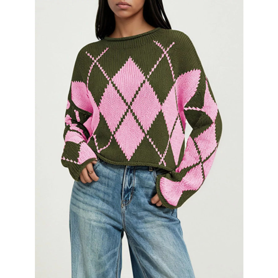 Argyle Pattern Knit Dropped Shoulder Sweater Green / S Apparel and Accessories