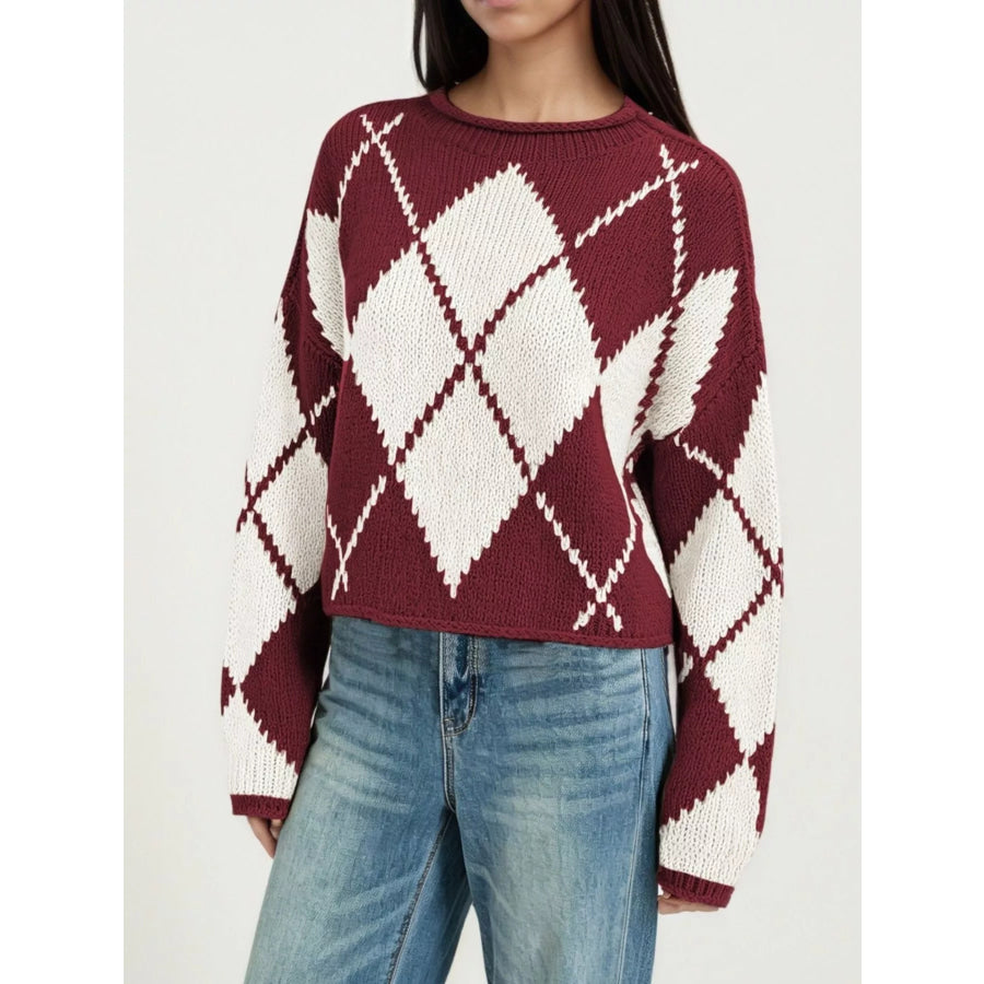 Argyle Pattern Knit Dropped Shoulder Sweater Red / S Apparel and Accessories