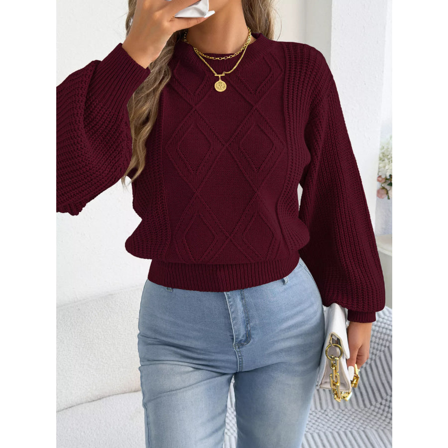Argyle Pattern Lantern Sleeve Knit Sweater Wine Red / S Apparel and Accessories