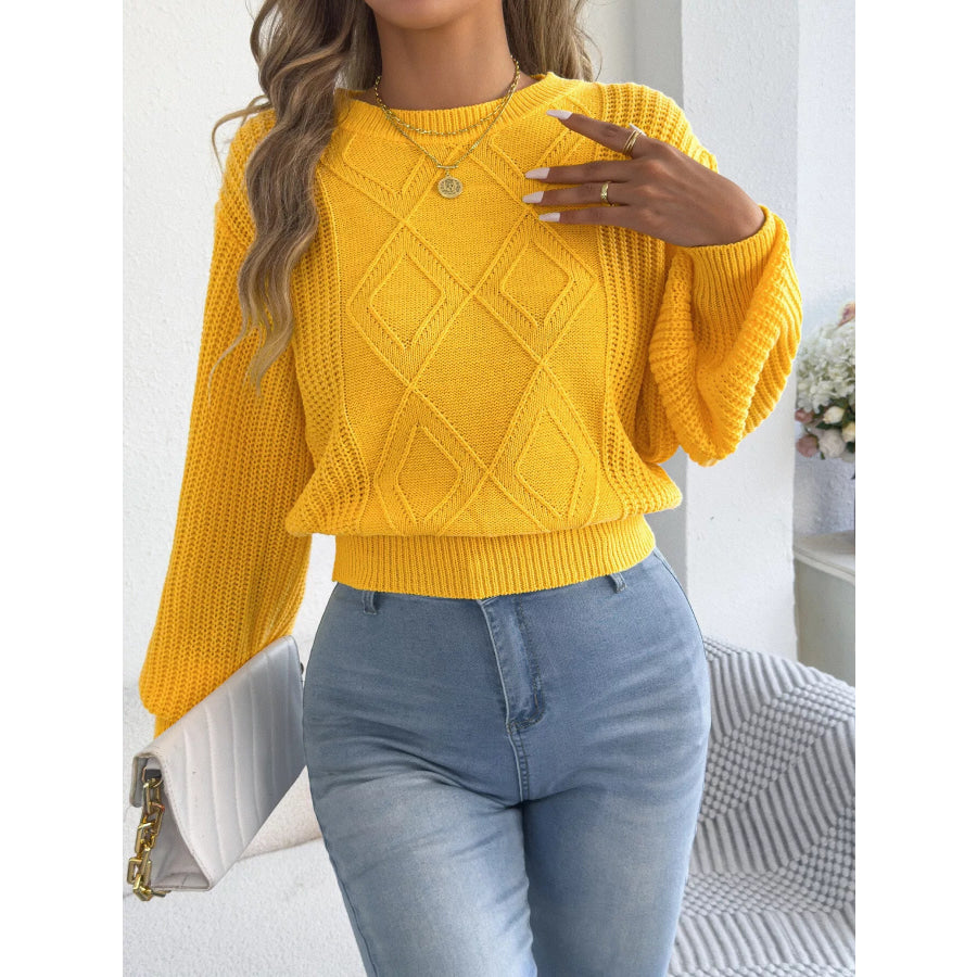 Argyle Pattern Lantern Sleeve Knit Sweater Yellow / S Apparel and Accessories