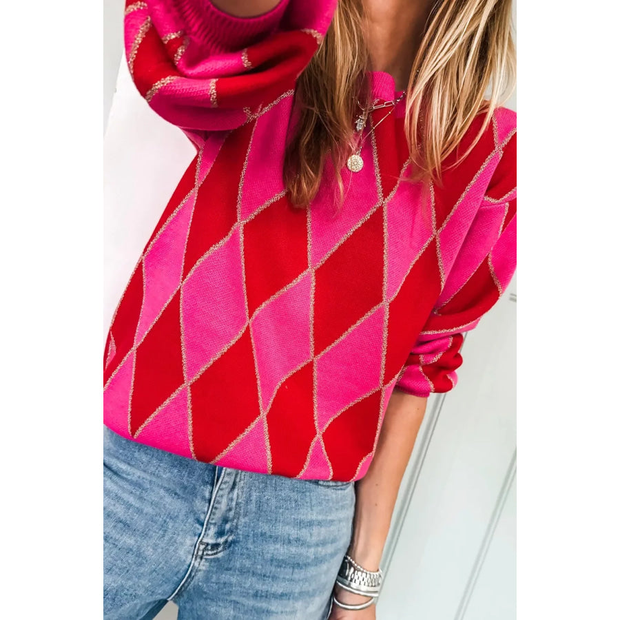 Argyle Pattern Long Sleeve Sweater Deep Rose / S Apparel and Accessories