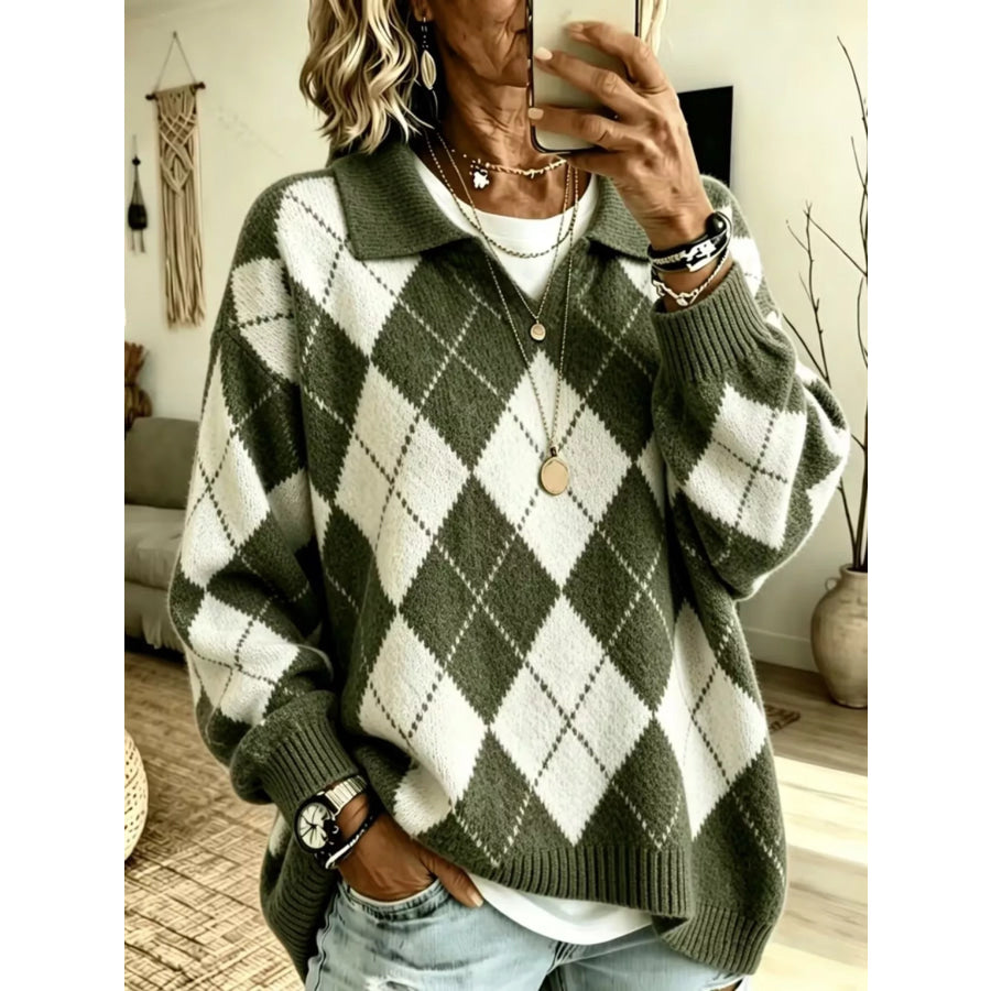 Argyle Pattern Polo Collar Sweater Army Green / S Apparel and Accessories