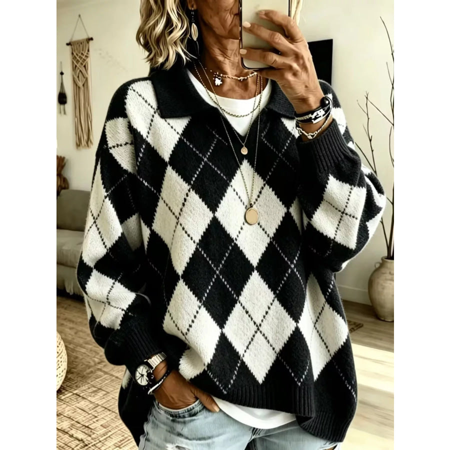 Argyle Pattern Polo Collar Sweater Black / S Apparel and Accessories