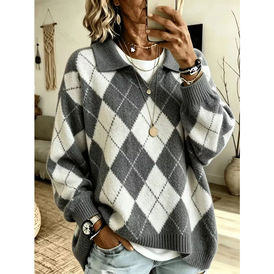 Argyle Pattern Polo Collar Sweater Gray / S Apparel and Accessories