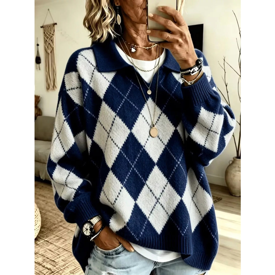 Argyle Pattern Polo Collar Sweater Navy / S Apparel and Accessories