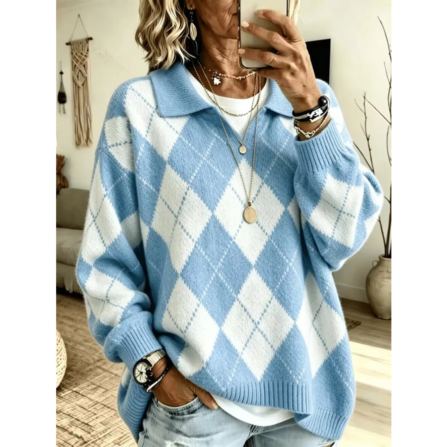 Argyle Pattern Polo Collar Sweater Sky Blue / S Apparel and Accessories