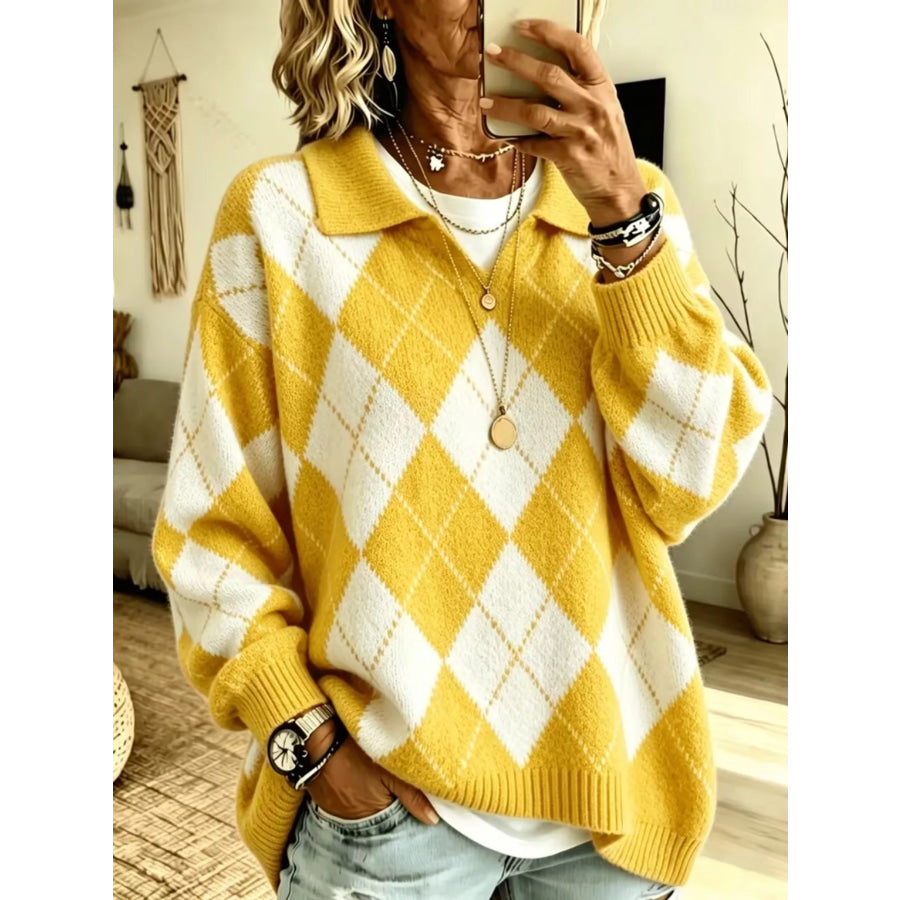Argyle Pattern Polo Collar Sweater Yellow / S Apparel and Accessories