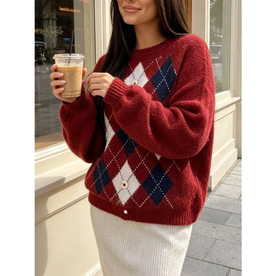 Argyle Pattern Raglan Sleeve Sweater Apparel and Accessories