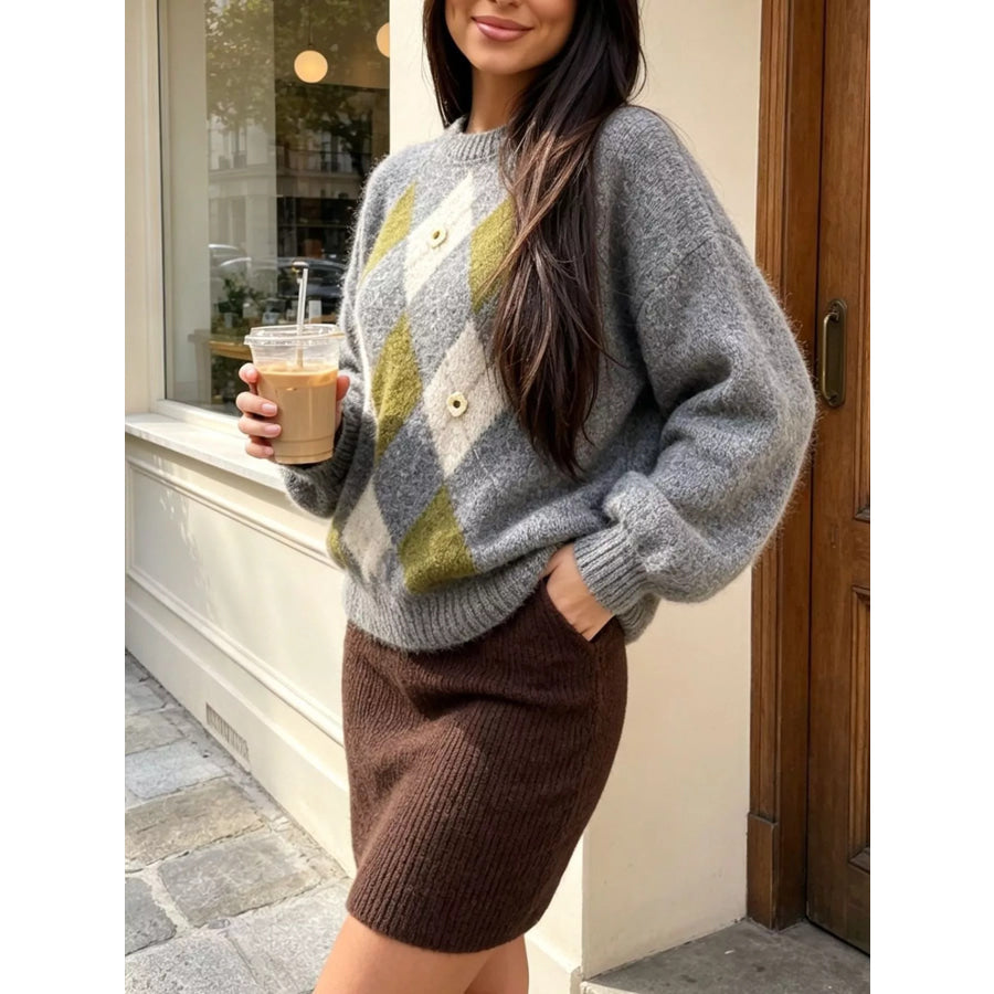 Argyle Pattern Raglan Sleeve Sweater Apparel and Accessories