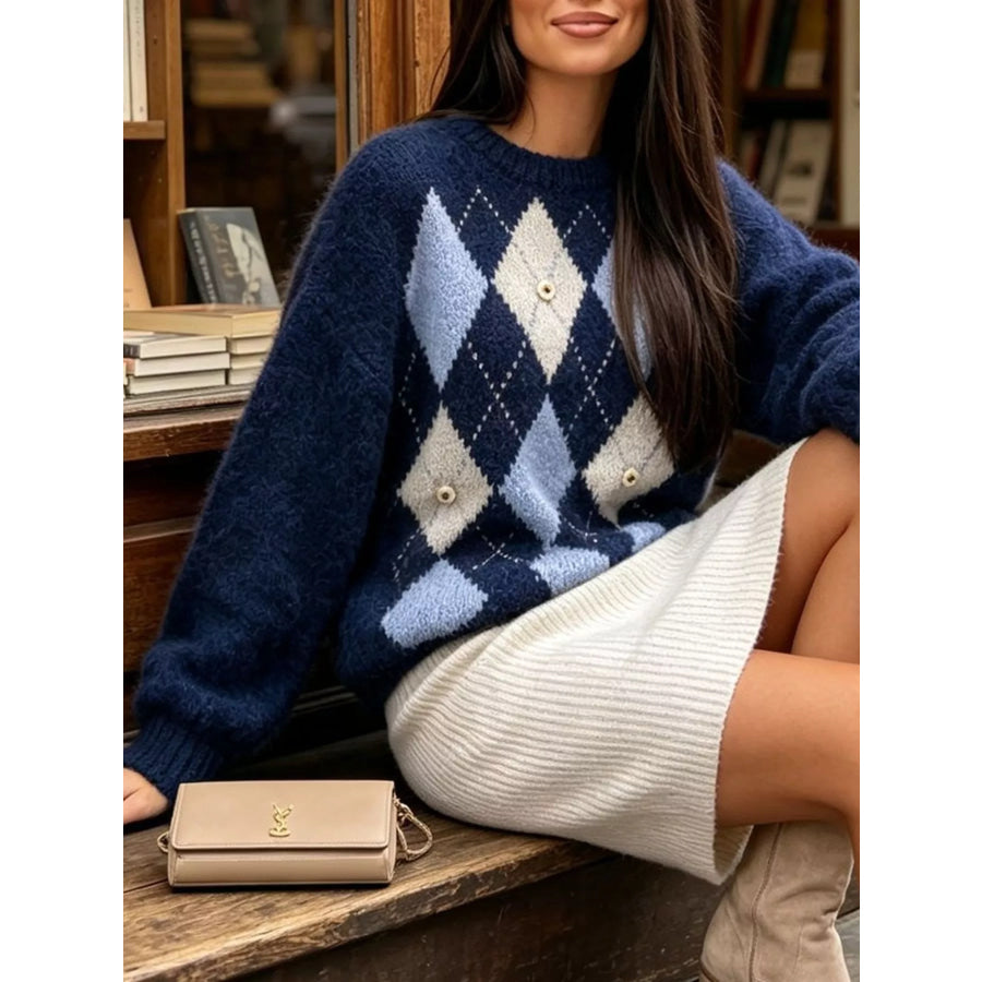Argyle Pattern Raglan Sleeve Sweater Apparel and Accessories