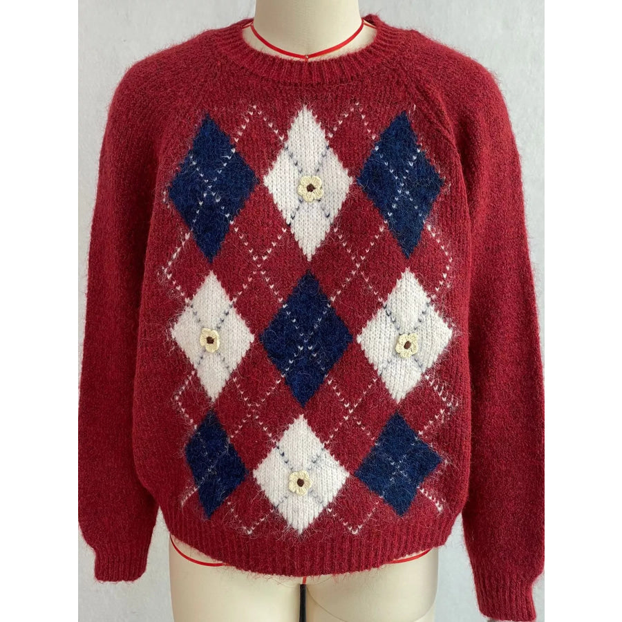 Argyle Pattern Raglan Sleeve Sweater Apparel and Accessories