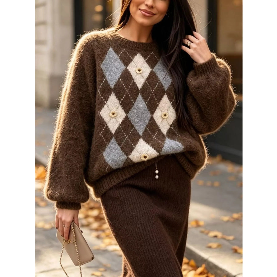 Argyle Pattern Raglan Sleeve Sweater Brown / One Size Apparel and Accessories