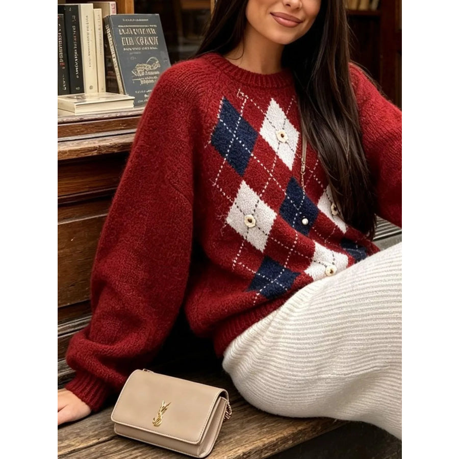 Argyle Pattern Raglan Sleeve Sweater Wine Red / One Size Apparel and Accessories