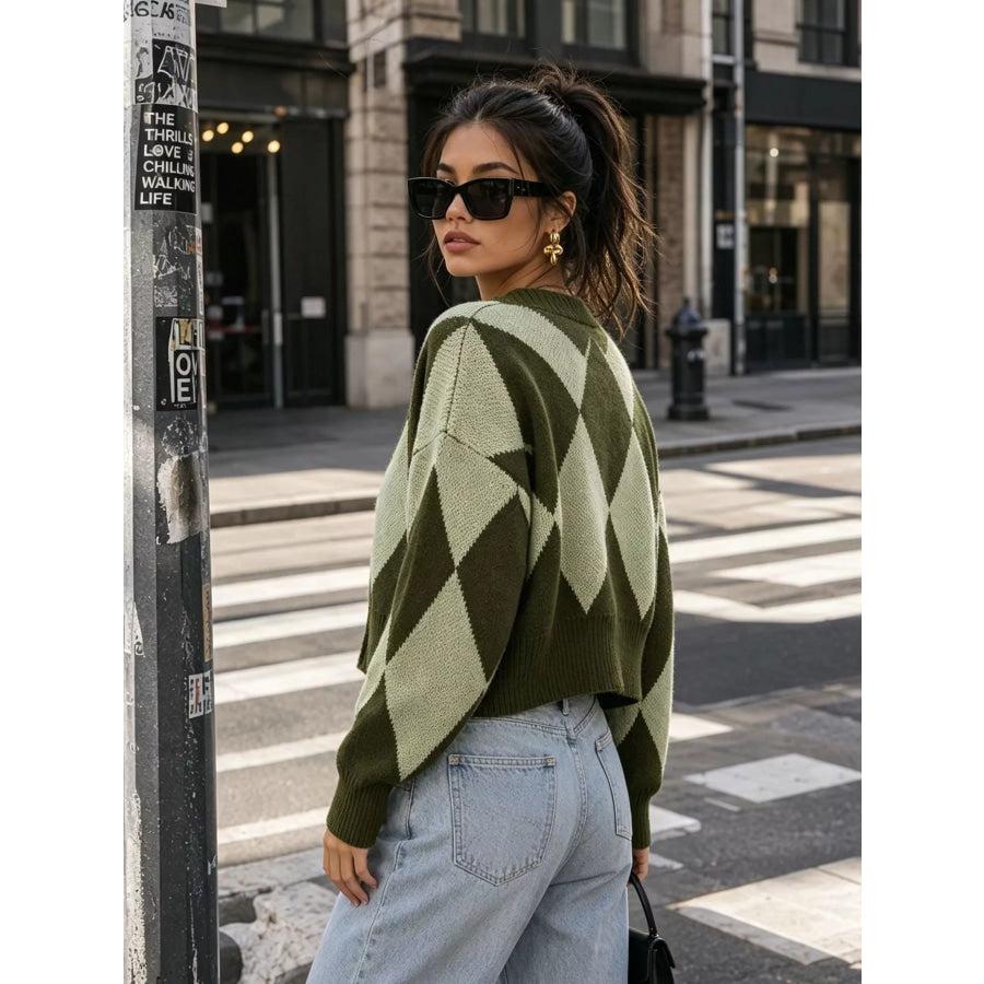 Argyle Pattern V-Neck Button-Down Cardigan Apparel and Accessories