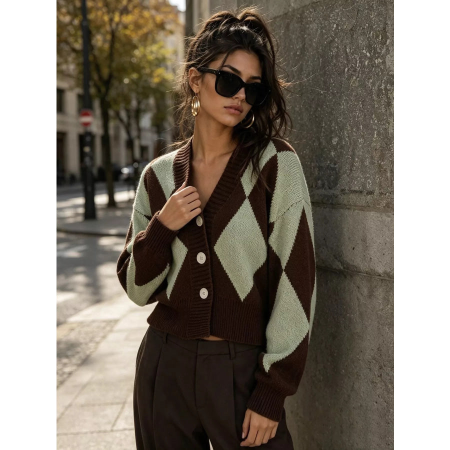 Argyle Pattern V-Neck Button-Down Cardigan Apparel and Accessories