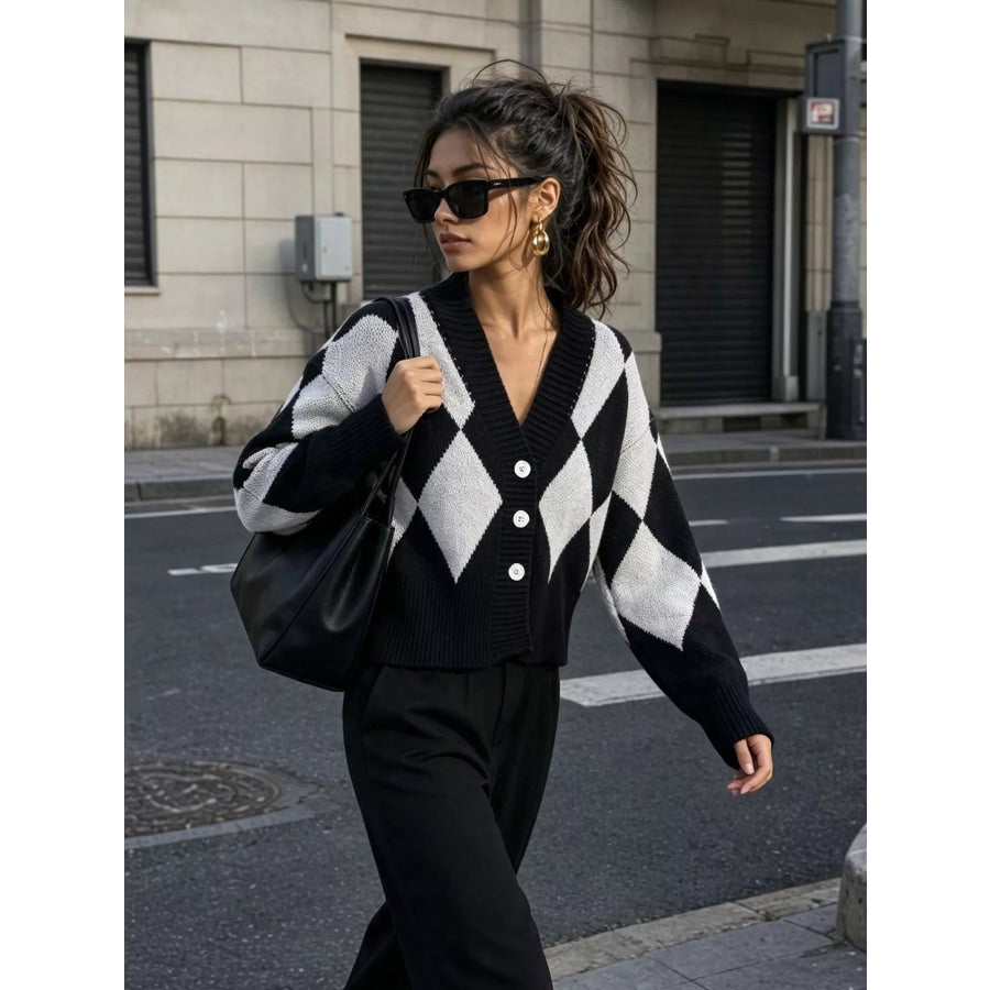 Argyle Pattern V-Neck Button-Down Cardigan Apparel and Accessories