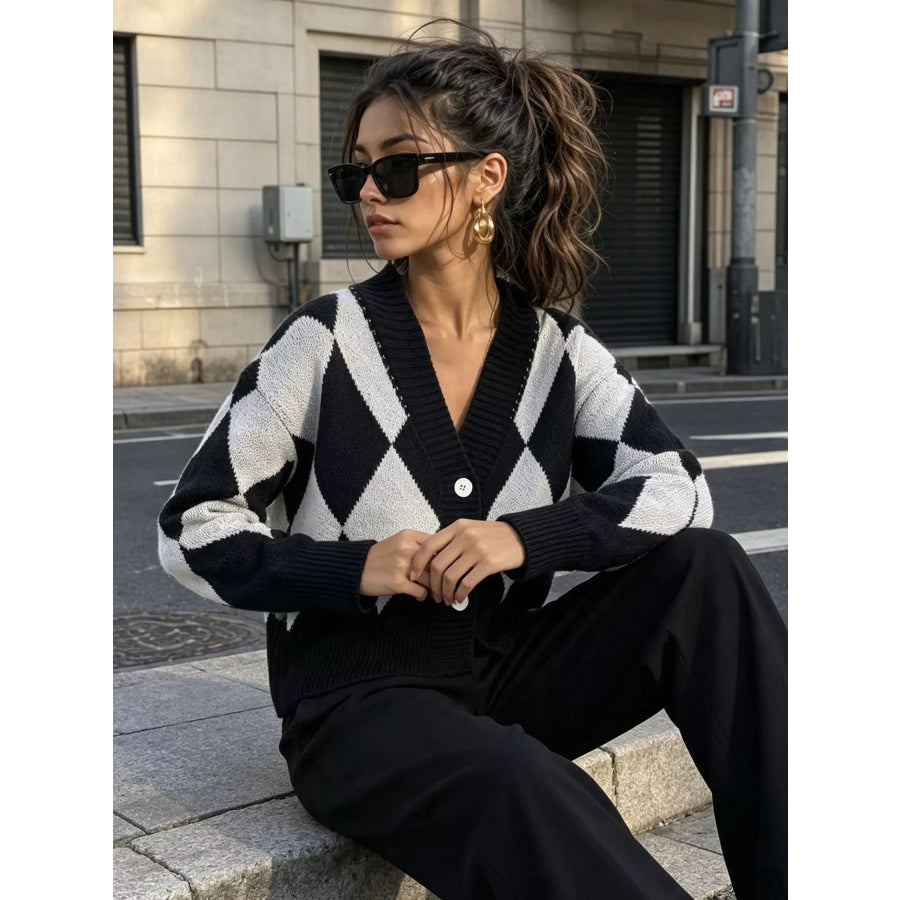 Argyle Pattern V-Neck Button-Down Cardigan Apparel and Accessories