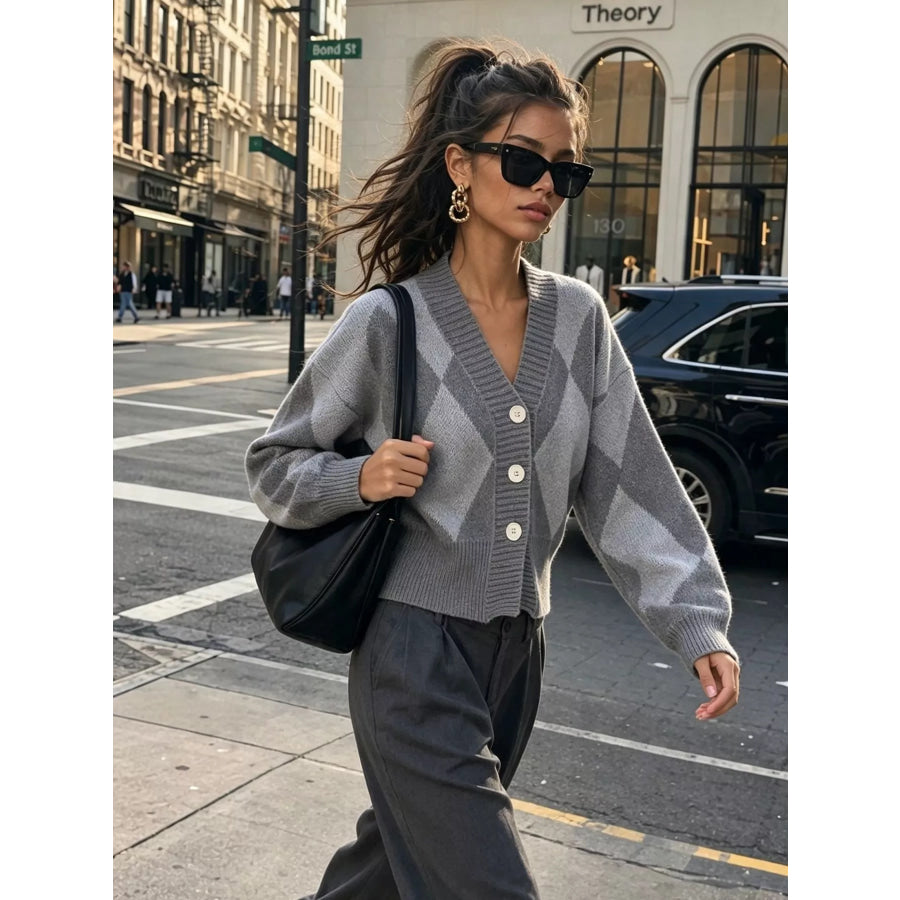 Argyle Pattern V-Neck Button-Down Cardigan Apparel and Accessories