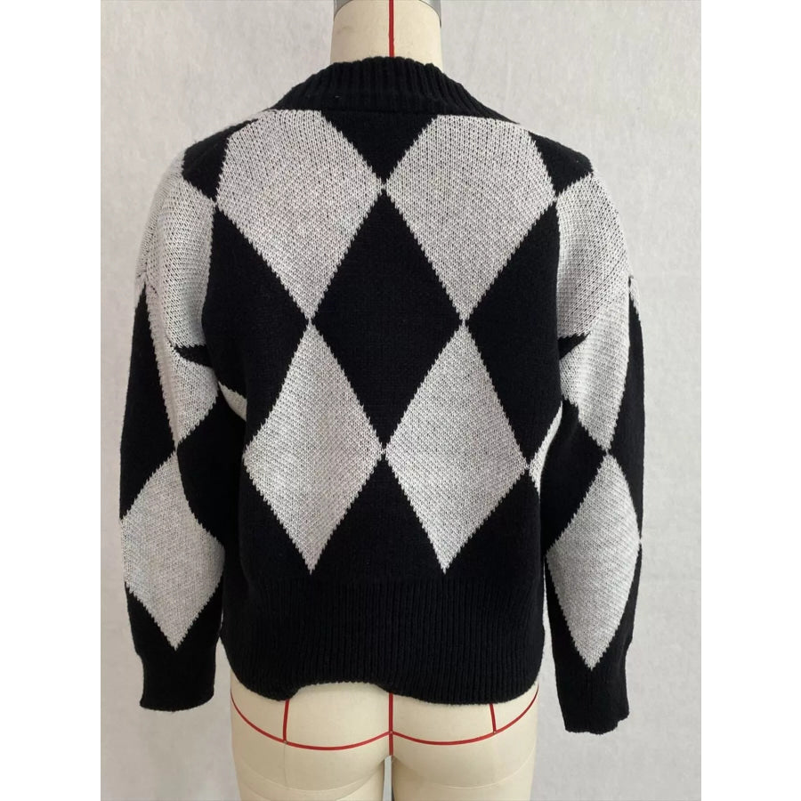 Argyle Pattern V-Neck Button-Down Cardigan Apparel and Accessories