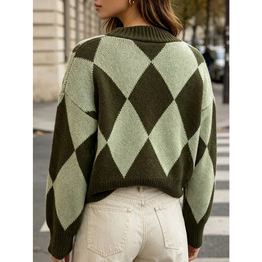 Argyle Pattern V-Neck Button-Down Cardigan Apparel and Accessories
