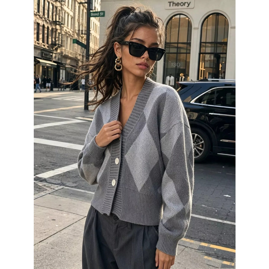 Argyle Pattern V-Neck Button-Down Cardigan Apparel and Accessories