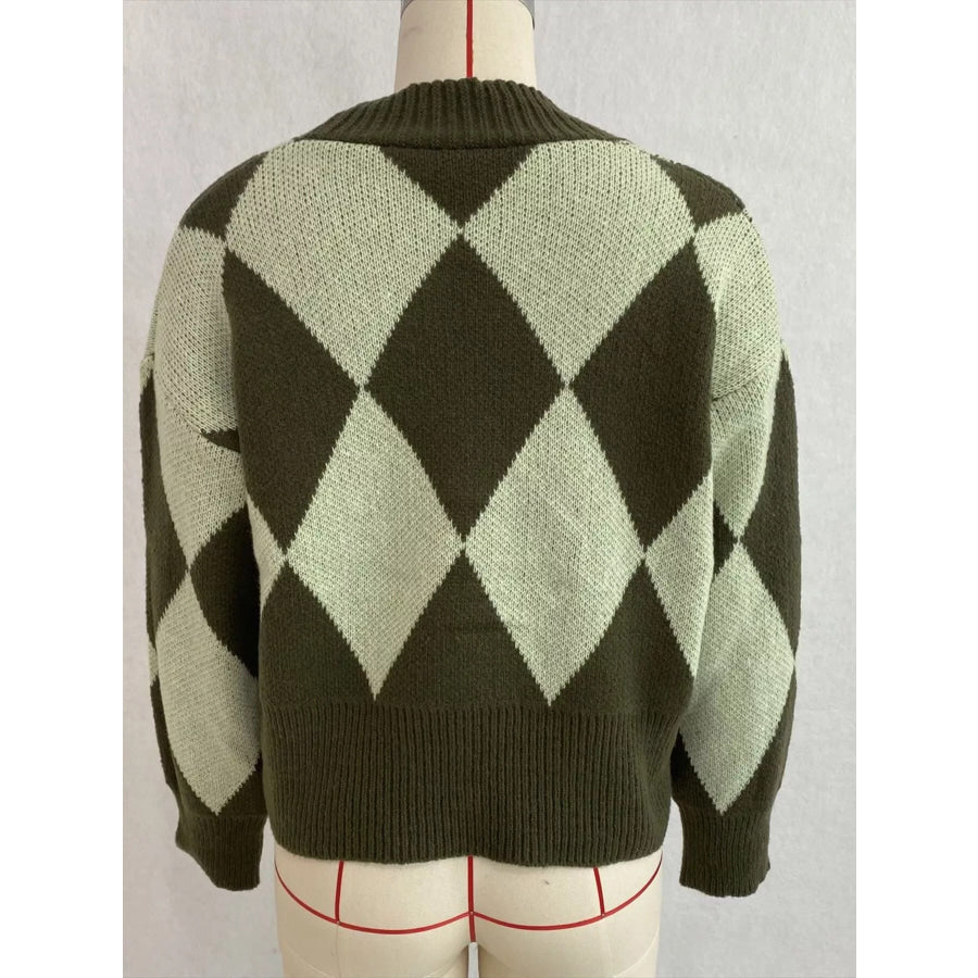 Argyle Pattern V-Neck Button-Down Cardigan Apparel and Accessories