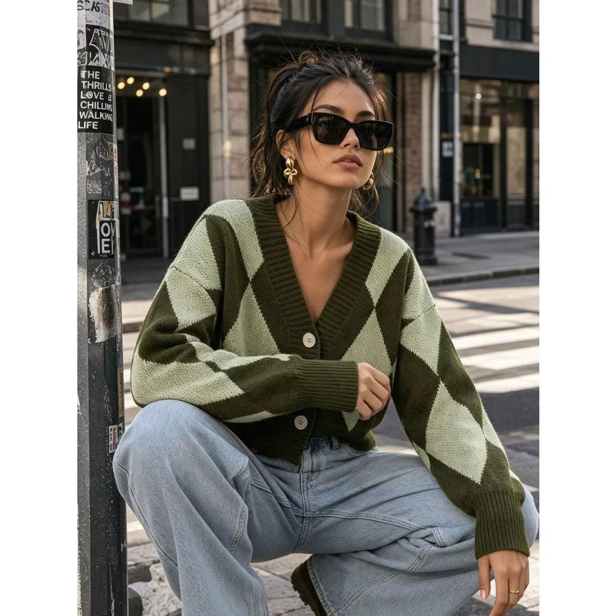 Argyle Pattern V-Neck Button-Down Cardigan Apparel and Accessories