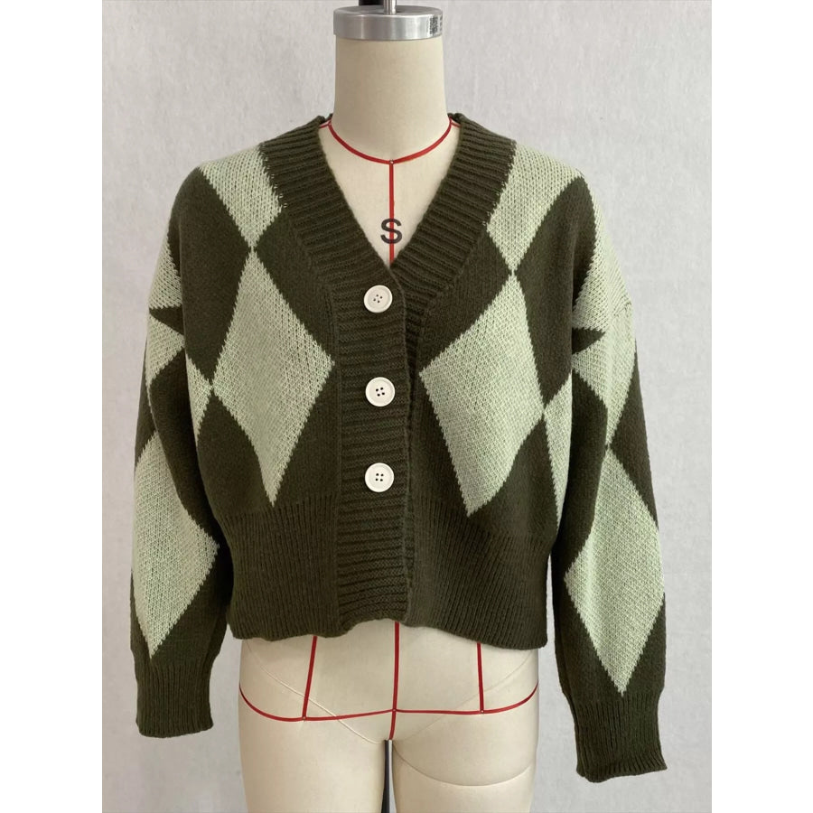 Argyle Pattern V-Neck Button-Down Cardigan Apparel and Accessories