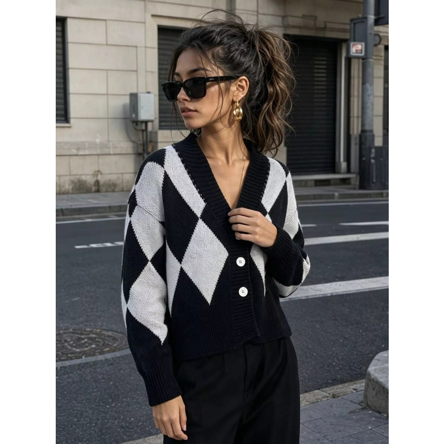 Argyle Pattern V-Neck Button-Down Cardigan Black / One Size Apparel and Accessories