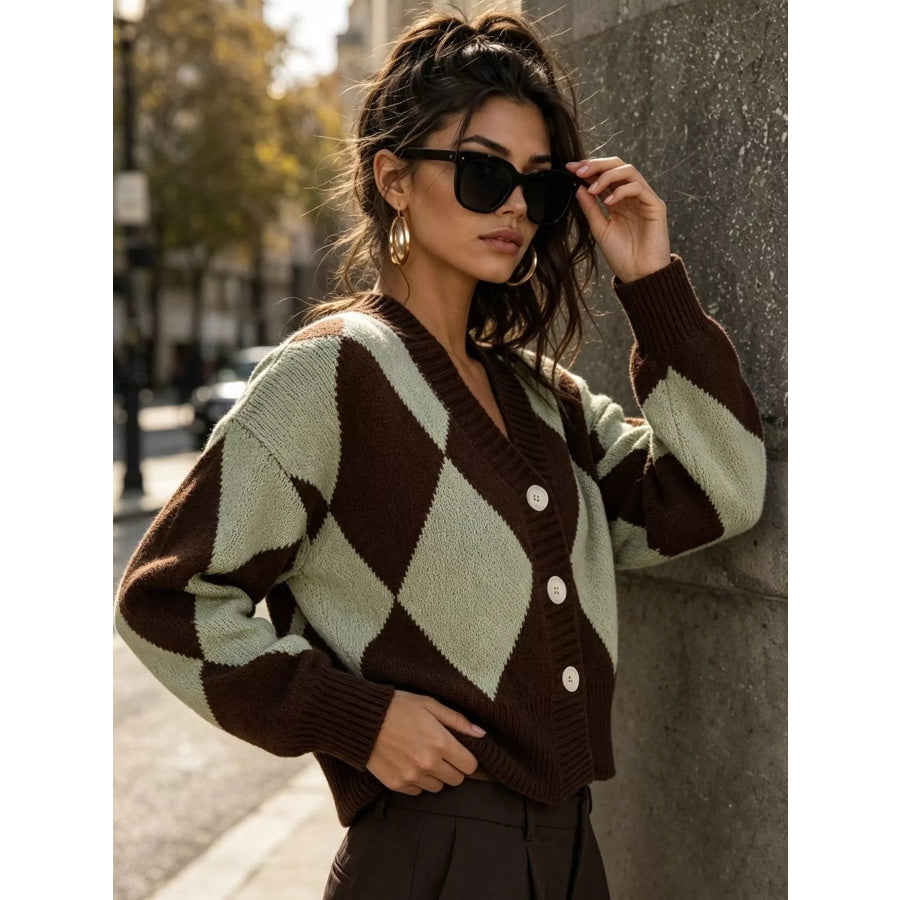 Argyle Pattern V-Neck Button-Down Cardigan Brown / One Size Apparel and Accessories