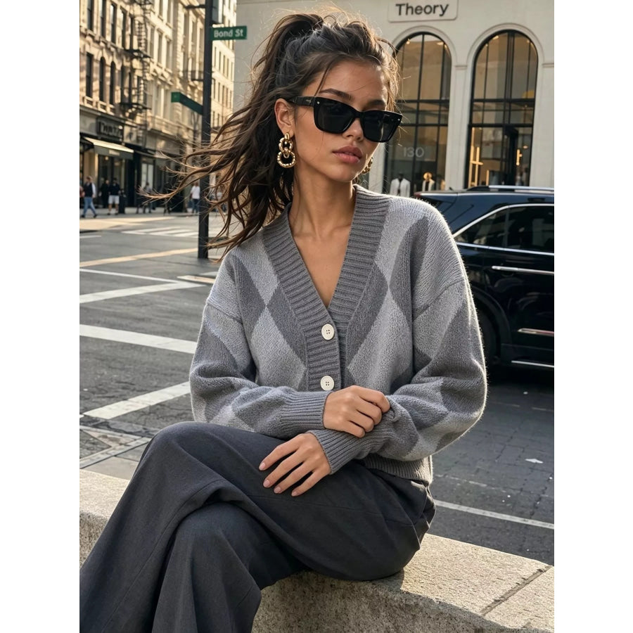 Argyle Pattern V-Neck Button-Down Cardigan Gray / One Size Apparel and Accessories