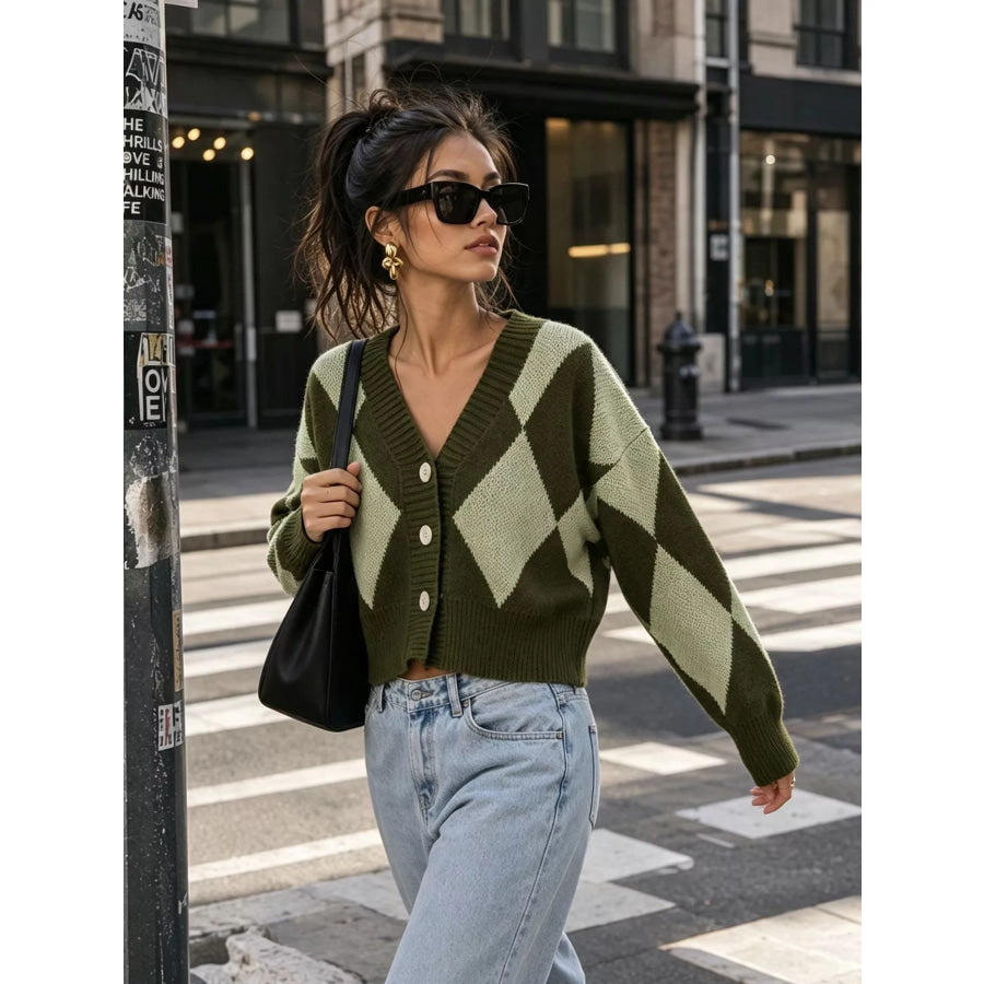 Argyle Pattern V-Neck Button-Down Cardigan Green / One Size Apparel and Accessories