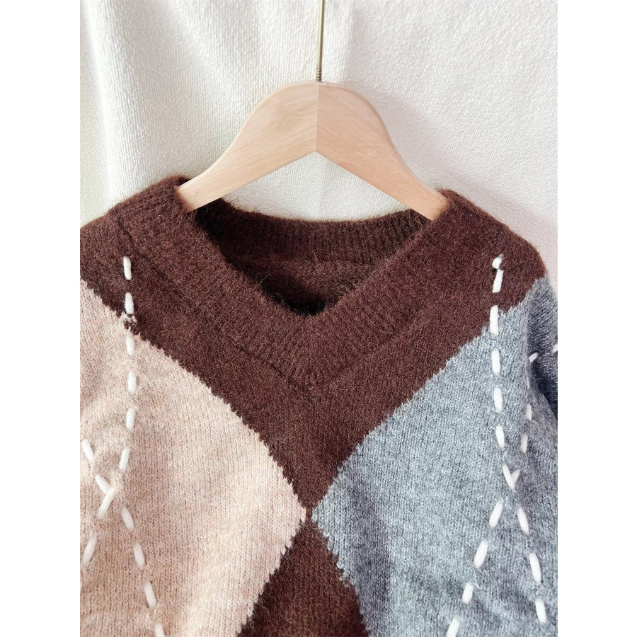 Argyle Pattern V-Neck Oversized Sweater Apparel and Accessories