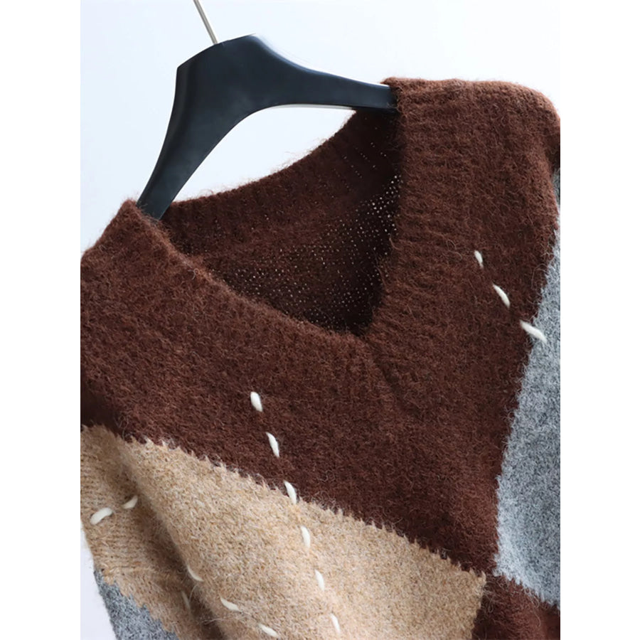 Argyle Pattern V-Neck Oversized Sweater Apparel and Accessories
