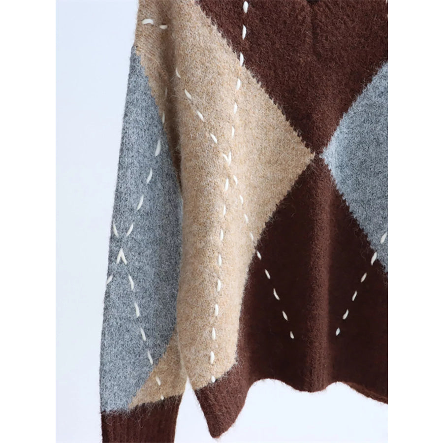 Argyle Pattern V-Neck Oversized Sweater Apparel and Accessories