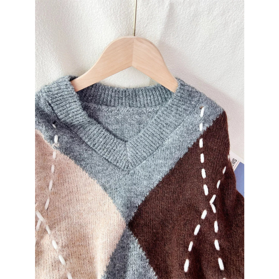 Argyle Pattern V-Neck Oversized Sweater Apparel and Accessories