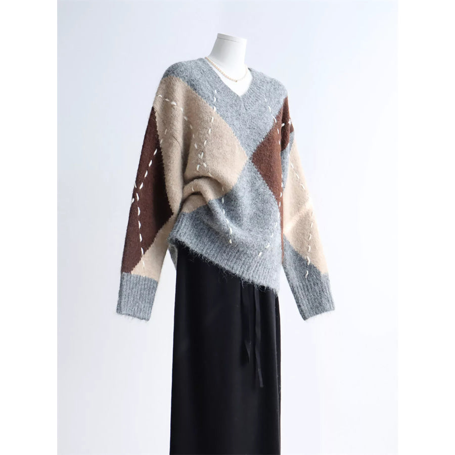 Argyle Pattern V-Neck Oversized Sweater Apparel and Accessories