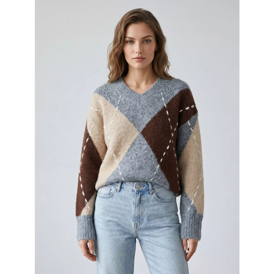 Argyle Pattern V-Neck Oversized Sweater Apparel and Accessories