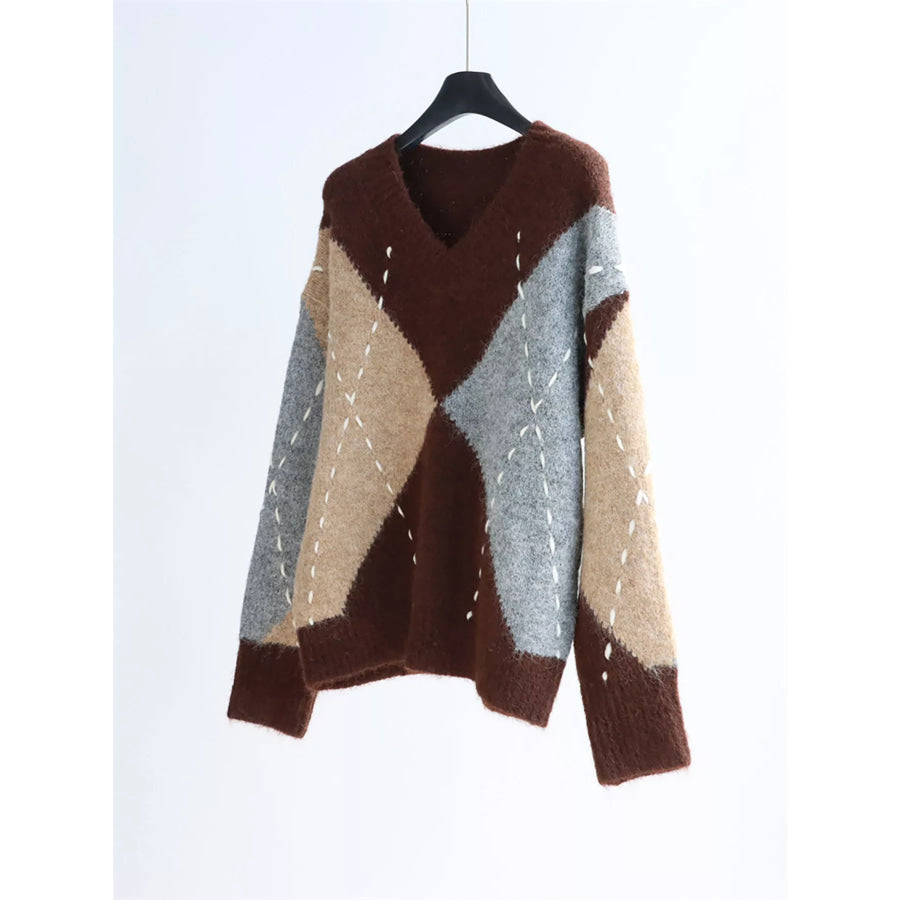 Argyle Pattern V-Neck Oversized Sweater Apparel and Accessories