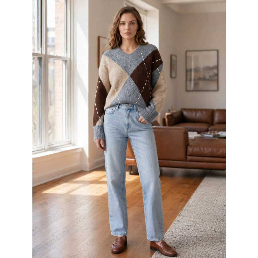 Argyle Pattern V-Neck Oversized Sweater Apparel and Accessories